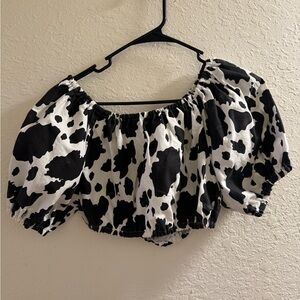 Giddyup Goods - Cow Print Puff Sleeve Women's Crop Top - Small